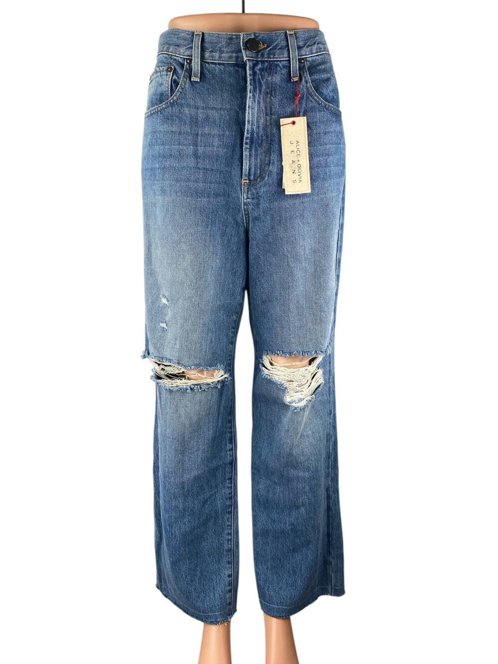 NEW Alice + Olivia Womens Blue Distressed High Rise Straight Denim Jeans Size 30
